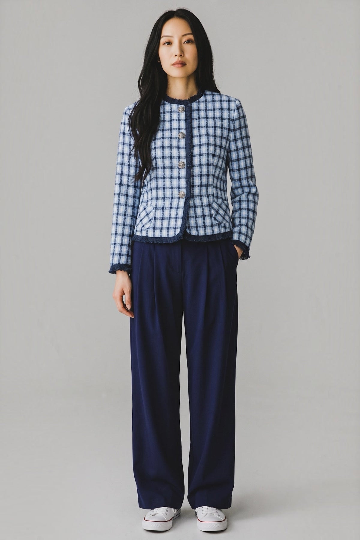 Amora Blue Tweed Fringe Trim Jacket