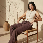Brown Linen Blend Pin Striped Wide Leg Trousers