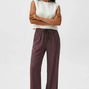 Brown Linen Blend Pin Striped Wide Leg Trousers