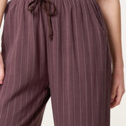 Brown Linen Blend Pin Striped Wide Leg Trousers