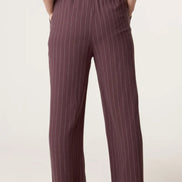 Brown Linen Blend Pin Striped Wide Leg Trousers