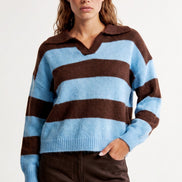 Blue Brown Stripe Collared Knit Jumper