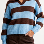 Blue Brown Stripe Collared Knit Jumper