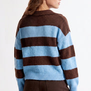 Blue Brown Stripe Collared Knit Jumper