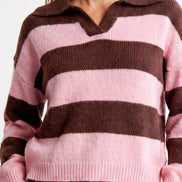 Pink Brown Stripe Collared Knit Jumper