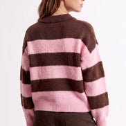 Pink Brown Stripe Collared Knit Jumper