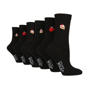 6 Pairs Ladies Multipack Black Novelty Socks: Embroidered Crew Cotton Socks