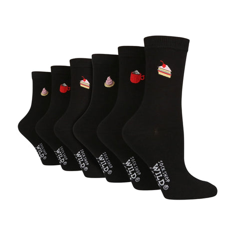 6 Pairs Ladies Multipack Black Novelty Socks: Embroidered Crew Cotton Socks