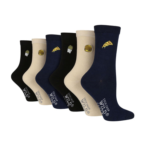 6 Pairs Ladies Multipack Black Novelty Socks: Embroidered Crew Cotton Socks