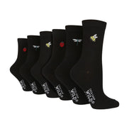 6 Pairs Ladies Multipack Black Novelty Socks: Embroidered Crew Cotton Socks
