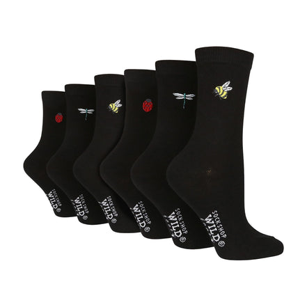 6 Pairs Ladies Multipack Black Novelty Socks: Embroidered Crew Cotton Socks