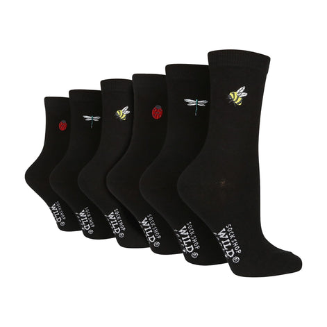 6 Pairs Ladies Multipack Black Novelty Socks: Embroidered Crew Cotton Socks