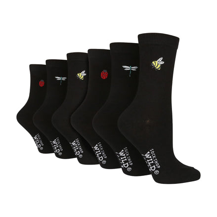 6 Pairs Ladies Multipack Black Novelty Socks: Embroidered Crew Cotton Socks