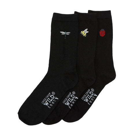 6 Pairs Ladies Multipack Black Novelty Socks: Embroidered Crew Cotton Socks