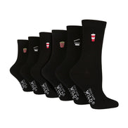 6 Pairs Ladies Multipack Black Novelty Socks: Embroidered Crew Cotton Socks