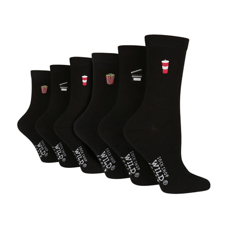 6 Pairs Ladies Multipack Black Novelty Socks: Embroidered Crew Cotton Socks