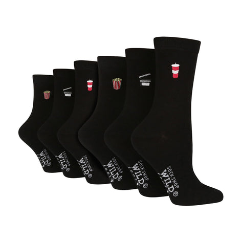 6 Pairs Ladies Multipack Black Novelty Socks: Embroidered Crew Cotton Socks