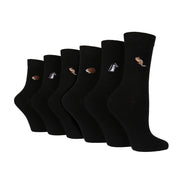 6 Pairs Ladies Multipack Black Novelty Socks: Embroidered Crew Cotton Socks