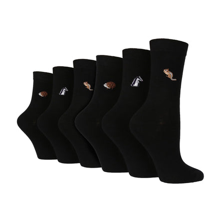 6 Pairs Ladies Multipack Black Novelty Socks: Embroidered Crew Cotton Socks