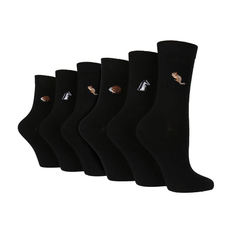 6 Pairs Ladies Multipack Black Novelty Socks: Embroidered Crew Cotton Socks