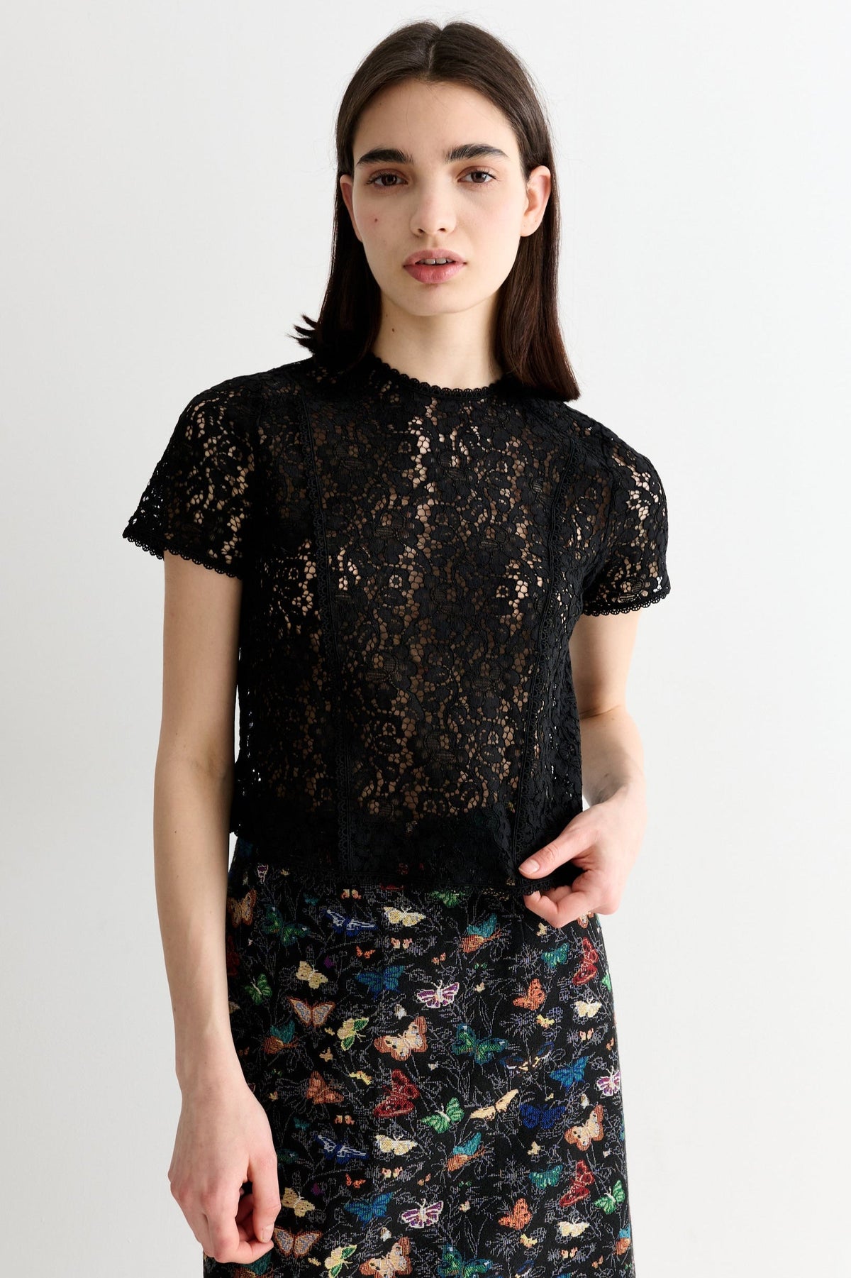 Rufaro Lace Trim Short Sleeve Blouse - Black