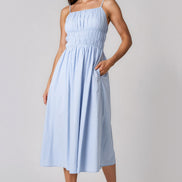 Blue Ruched Strappy Cotton Midi Dress