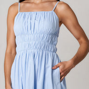 Blue Ruched Strappy Cotton Midi Dress