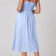 Blue Ruched Strappy Cotton Midi Dress