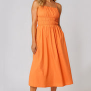 Orange Ruched Strappy Cotton Midi Dress
