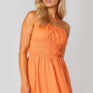 Orange Ruched Strappy Cotton Midi Dress
