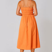 Orange Ruched Strappy Cotton Midi Dress