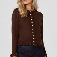 Brown Ruffled Trim Wool Blend Cardigan