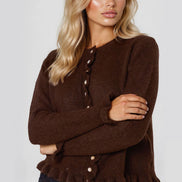 Brown Ruffled Trim Wool Blend Cardigan