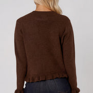 Brown Ruffled Trim Wool Blend Cardigan