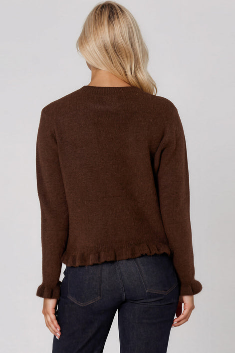 Brown Ruffled Trim Wool Blend Cardigan