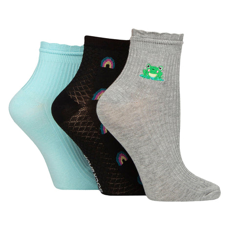 3 Pack Ladies Ribbed Anklet Socks with Frill Welt - Soft Stylish Everyday Fit