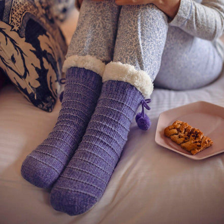 1 Pair Ladies Chenille Slipper Socks with Moccasin Sole - Soft Cosy Comfort