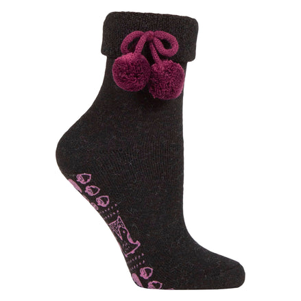 1 Pair Ladies Wool Mix Slipper Socks with Pom Pom - Warm Soft Cosy Comfort