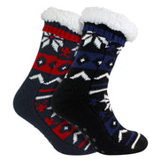 2 Pack Mens Fairisle Knit Slipper Sock with Sherpa | Christmas Non Slip Socks