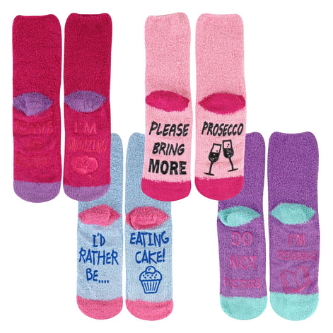 4 Pack Ladies Funny Cake Socks | Soft Fluffy Novelty Non Slip Gift Socks