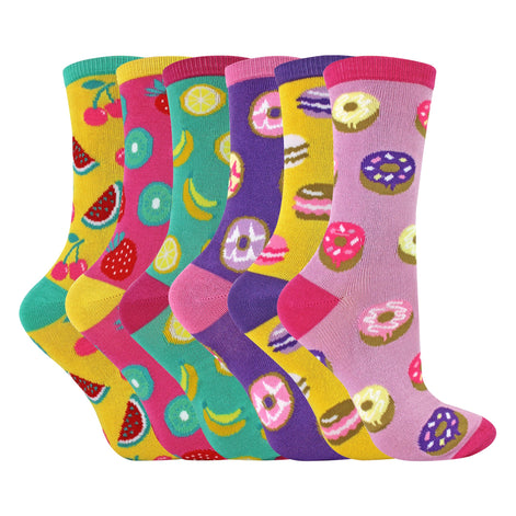 6 Pack Ladies Novelty Food Design Socks | Fun Colourful Bamboo Socks