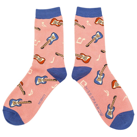 1 Pack Ladies Novelty Dusky Pink Guitar Bamboo Socks