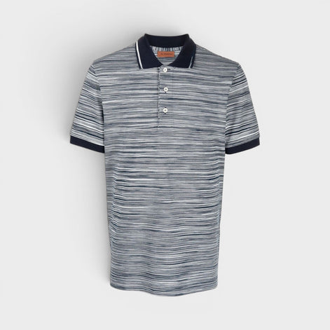 Striped Contrast Collar Polo Shirt Space Dyed Navy White