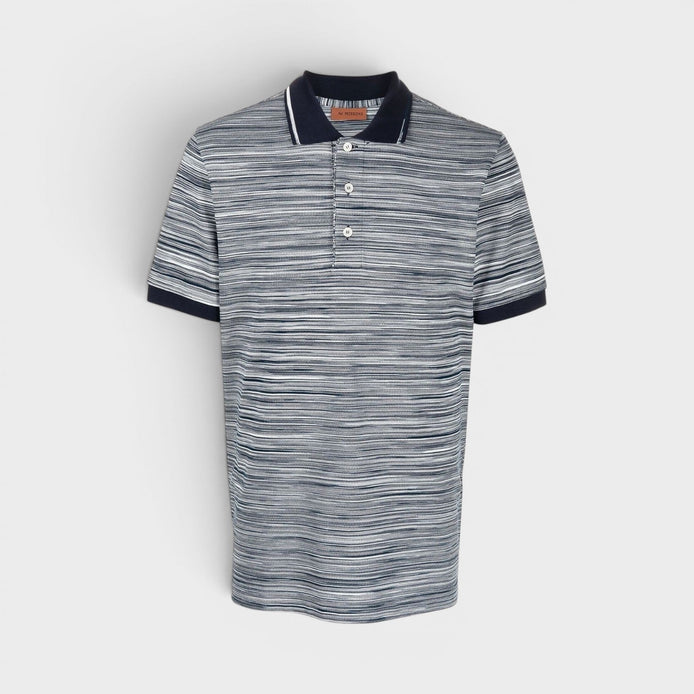 Striped Contrast Collar Polo Shirt Space Dyed Navy White