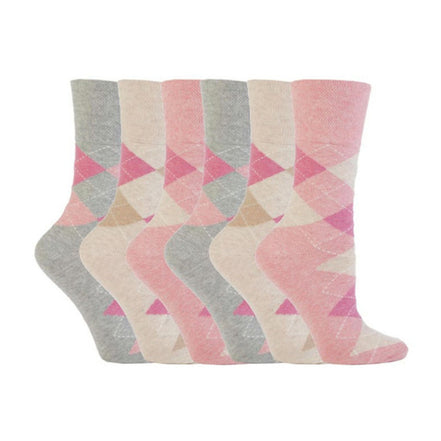 6 Pack Ladies Non Elastic Argyle Patterned Cotton Socks