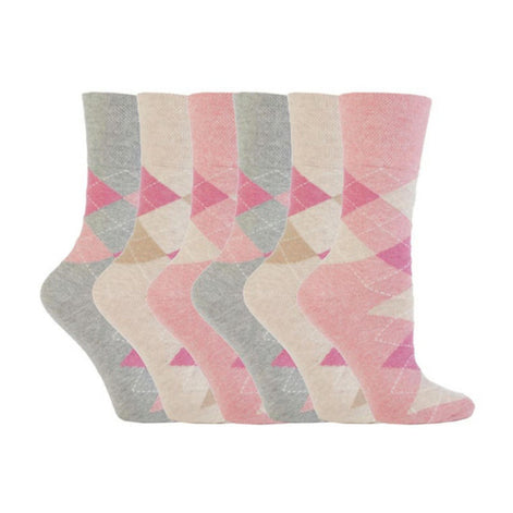 6 Pack Ladies Non Elastic Argyle Patterned Cotton Socks