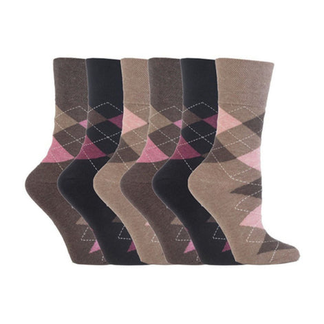 6 Pack Ladies Non Elastic Argyle Patterned Cotton Socks