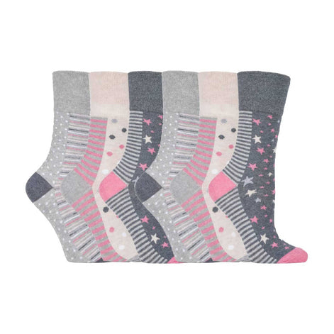 6 Pack Ladies Patterned Non Elastic Cotton Socks