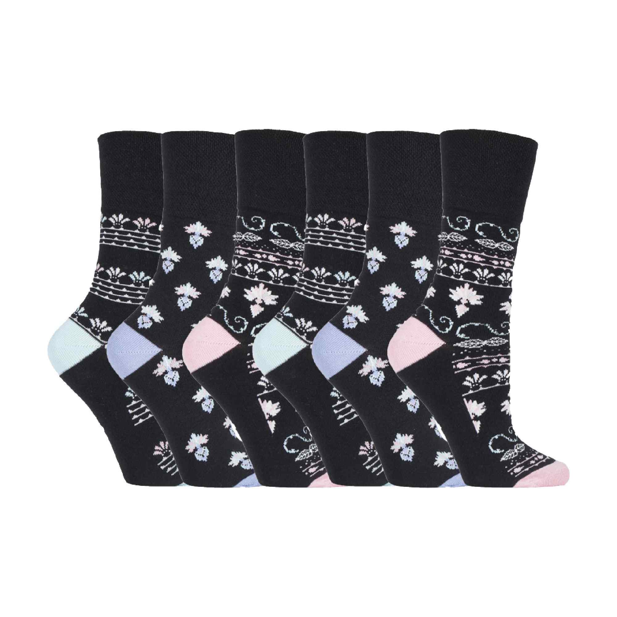 6 Pack Ladies Patterned Non Elastic Cotton Socks