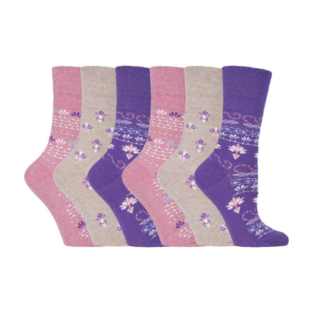 6 Pack Ladies Patterned Non Elastic Cotton Socks